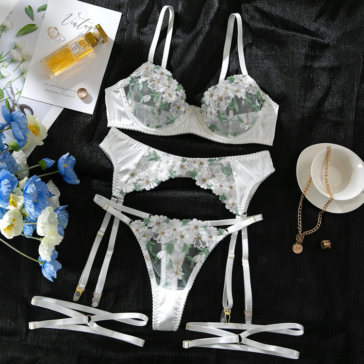 Elegant White Floral Embroidered Sheer Lace Lingerie Set Strappy Underwire Bra Garter Belt Thong Intimate Nightwear Apparel Lady
