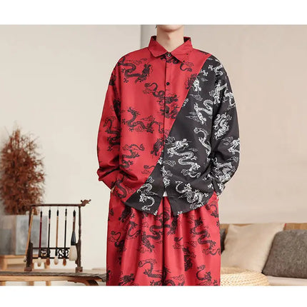 Camicie in Stile Cinese per Uomo, Nuove Camicie Retrò con Drago Rosso, Comode e Casual, Abbigliamento Tradizionale per Kung Fu e Tai Chi