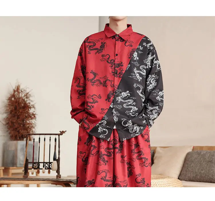 Camicie in Stile Cinese per Uomo, Nuove Camicie Retrò con Drago Rosso, Comode e Casual, Abbigliamento Tradizionale per Kung Fu e Tai Chi