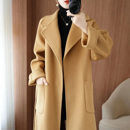 100% Wool Coat Women's Wear 2026 Autumn/Winter Fashion Temperament Double sided Cashmere Coats with Belt Elegant Long Overcoat