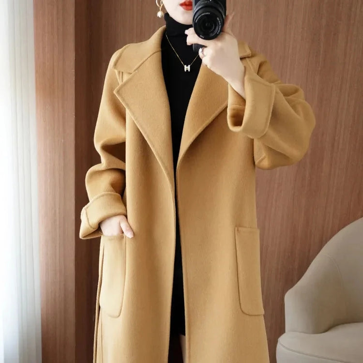 100% Wool Coat Women's Wear 2026 Autumn/Winter Fashion Temperament Double sided Cashmere Coats with Belt Elegant Long Overcoat
