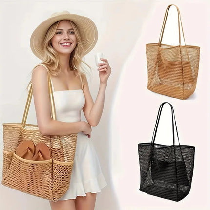 Large Capacity Beach Bag for Women - Durable Woven Polyester Open Top Shoulder Bag for Travel and Shopping