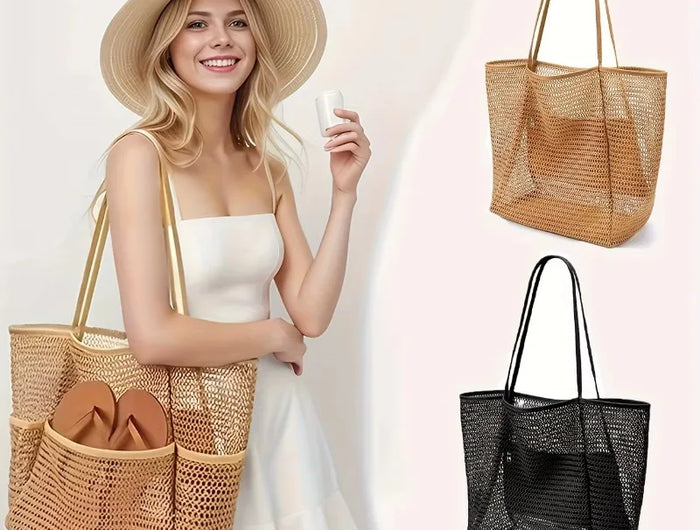 Large Capacity Beach Bag for Women - Durable Woven Polyester Open Top Shoulder Bag for Travel and Shopping
