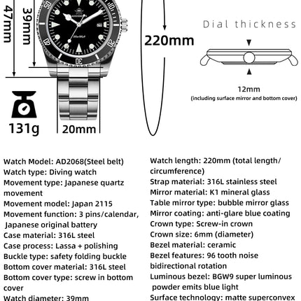 ADDIESDIVE New Gift Watch For Men AD2068 Quartz Watches 39mm Waterproof 200m Ceramic Bezel BGW9 Luminous Diving Leisure Wristwat