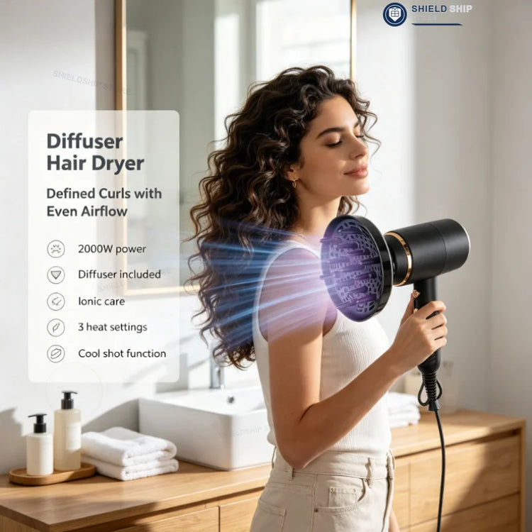 2000W Professional Hair Dryer with Negative Ion Technology, Cool Shot Function, Diffuser Attachment, Fast Drying Blow Dryer for Home Salon Styling