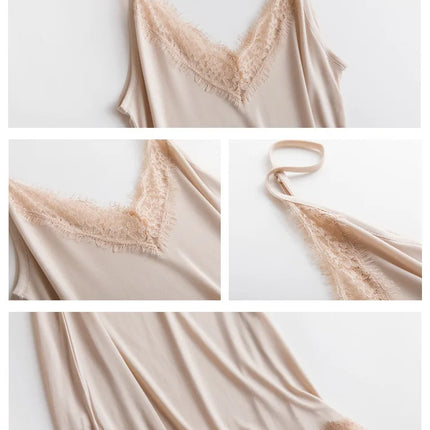 Abbigliamento primavera/autunno da donna 23% seta di gelso naturale allentato scollo a V pizzo slip camicia da notte tinta unita sexy abito base lavorato a maglia