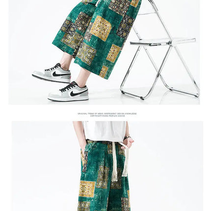 Pantaloncini da uomo estivi Stampa Pantaloni da spiaggia traspiranti a gamba larga Pantaloni larghi casual alla moda Vita elastica Comodi pantaloni al polpaccio da uomo
