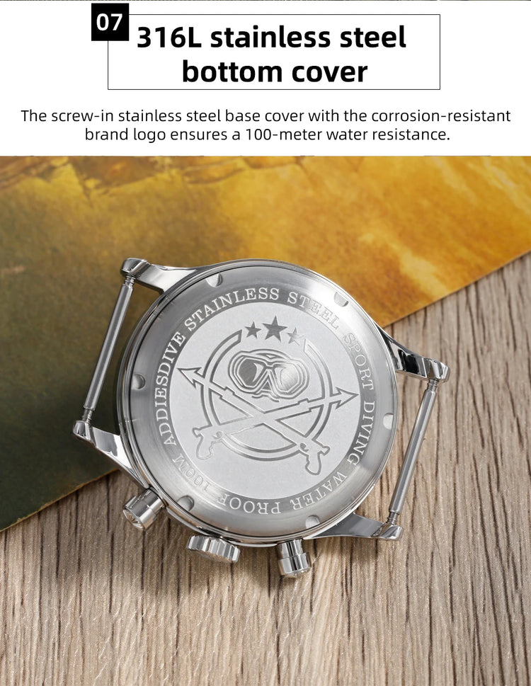 ADDIESDIVE AD2542 Luxury Quartz Chronograph Watch for Men Japanese 0S21 Movement 38mm Stainless Steel Case BGW9 Lume 100M Waterp