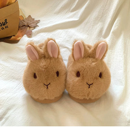 New Cute 3D Rabbit Furry Slippers Women Winter Warm Plush Closed Back House Shoes Non Slip Bunny Indoor Flip Flops Home Slipper