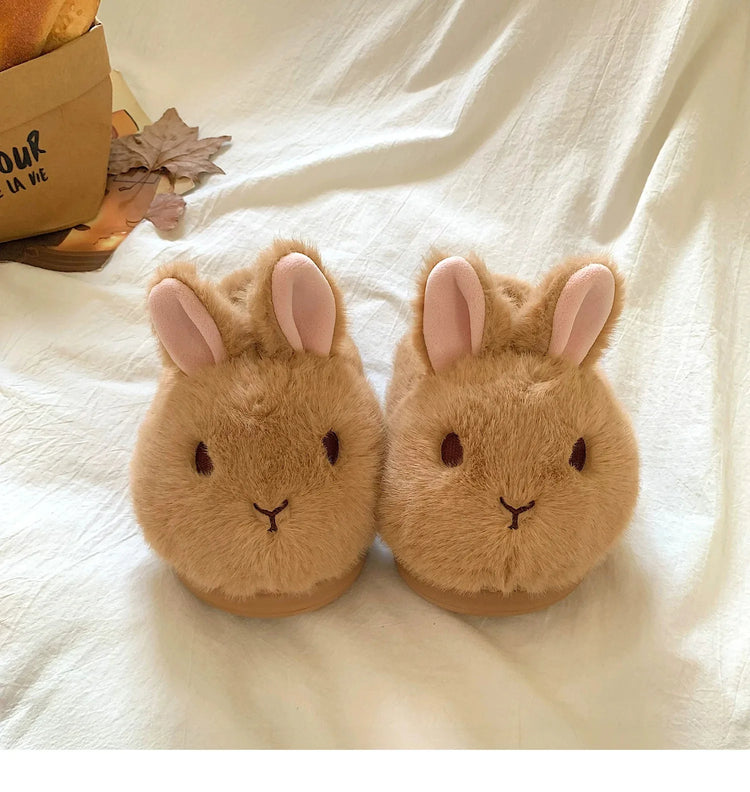 New Cute 3D Rabbit Furry Slippers Women Winter Warm Plush Closed Back House Shoes Non Slip Bunny Indoor Flip Flops Home Slipper