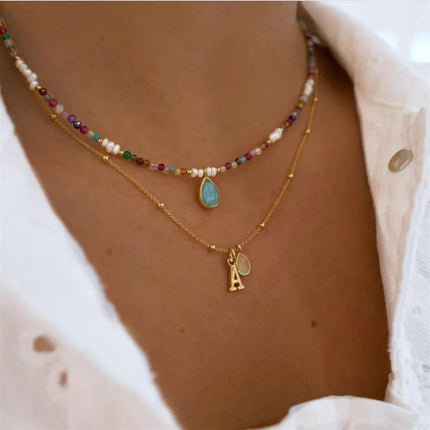 2023 Fashion Multilayer Boho Colorful Bead Chain Necklace For Women Female Crystal Water Drop Metal Letter Pendant Jewelry Gift PlatiNum