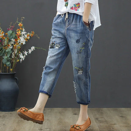 Amax luluE 2025 Moda Estate Streetwear Pantaloni in denim Donna Vintage Jeans elastici Donna Casual Allentato Ricamo Pantaloni Harem