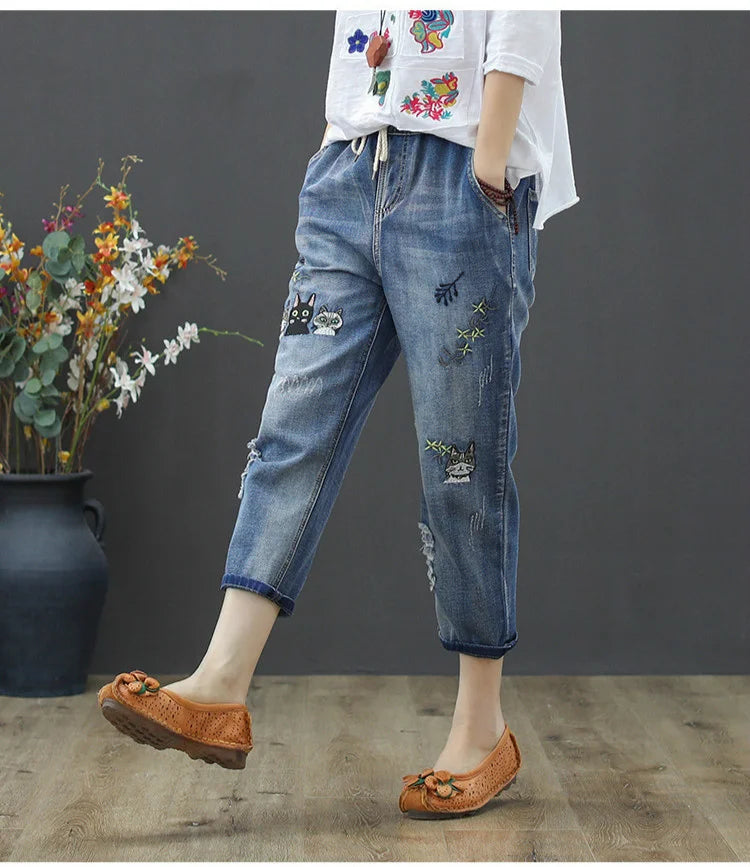 Amax luluE 2025 Moda Estate Streetwear Pantaloni in denim Donna Vintage Jeans elastici Donna Casual Allentato Ricamo Pantaloni Harem