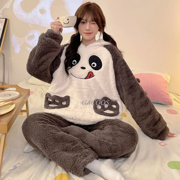Winter New Women's Warm Pajamas Cartoon Hooded Sleepwear Suit Women's Coral Fleece Pyjamas Set Thickened Thermal Homewear M-4XL