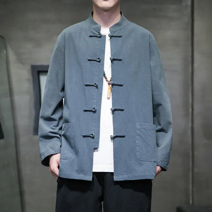 Camicie da uomo stile cinese retrò lino cotone tinta unita vestito Tang top cardigan uomo casual Kung Fu Tai Chi camicette da uomo abbigliamento
