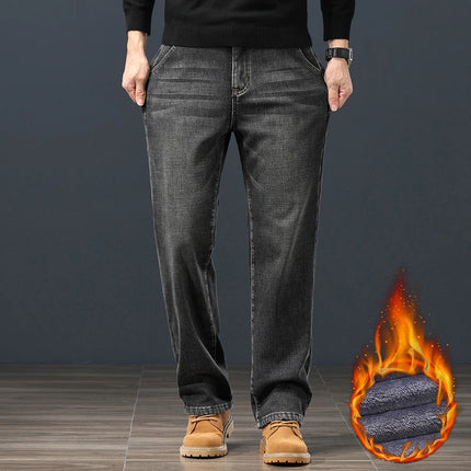 Winter Fleece Classic Loose Straight Men Jeans Warm Thicken Trousers Business Casual Velvet Elastic Denim Pants Plus Size 42 44