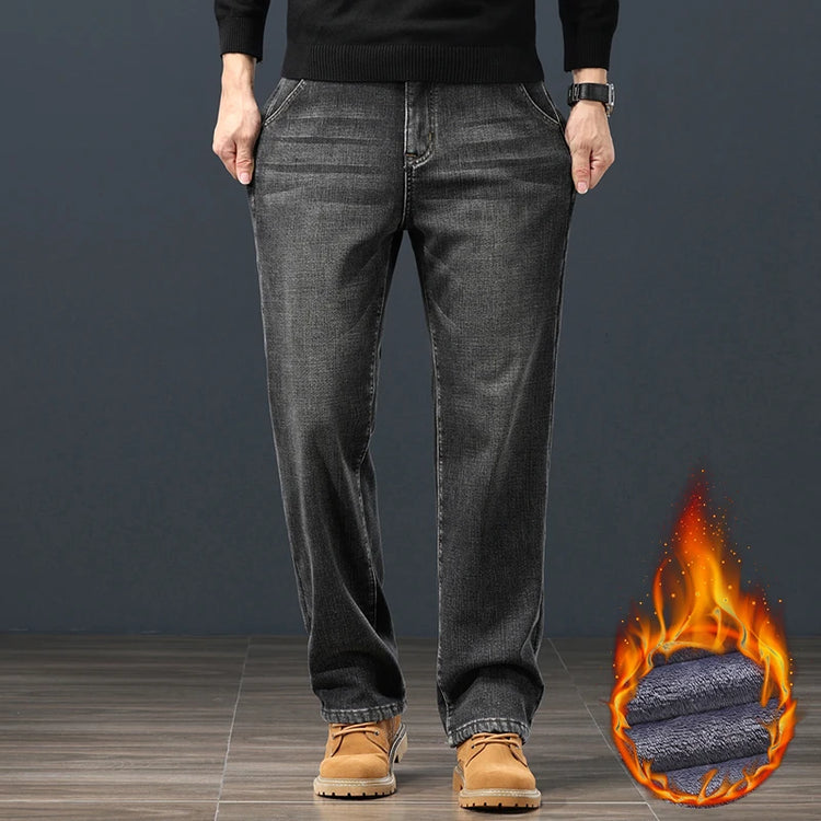 Winter Fleece Classic Loose Straight Men Jeans Warm Thicken Trousers Business Casual Velvet Elastic Denim Pants Plus Size 42 44