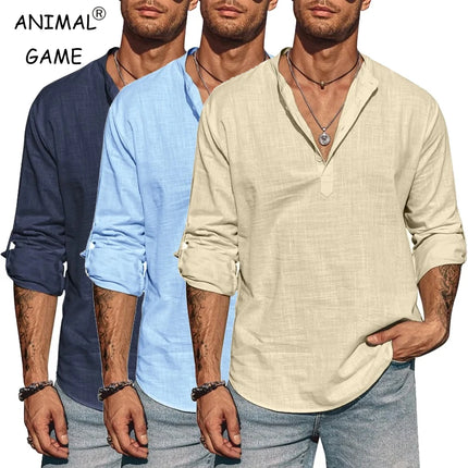 Men's Cotton Long Sleeve Mandarin Collar Linen Shirt Lightweight Breathable T-Shirt Streetwear Hawaiian Half Shirt Big