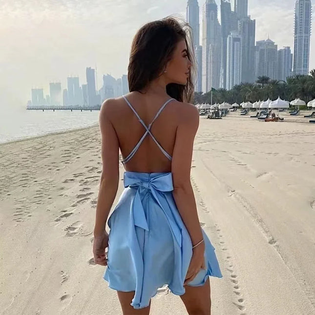 2023 New Sexy Backless Sleeveless Party Mini Dresses Women Elegant V Neck Bodycon Dress fe