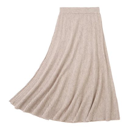 Women's 35% Cashmere 65% Wool Thickened Elastic-Waist Solid-Color Pleated Skirt, Warm & Slim-Fit PlatiNum