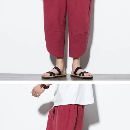 Pantaloni Estivi da Uomo 2026 Stile Cinese in Cotone e Lino, Pantaloni Harem Traspiranti da Spiaggia, Pantaloni Casual a Tre Quarti, Streetwear