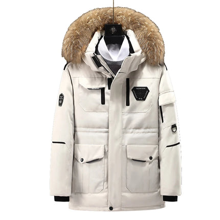 Winter Men's Warm Mountain SKi Parkas Fashion Men Fur Collar Mid-Long Down Padded Coats Men Windbreaker Thermal Hooded Jackets