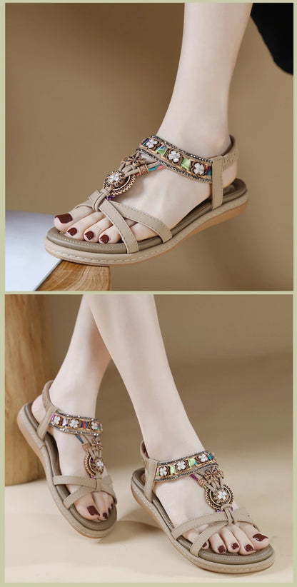 Summer 2025 Pomesian Rhinestones Comfortable And Casual Beach Flat Sandals For Women Ethnic Style Leisure Comfortable And Simple