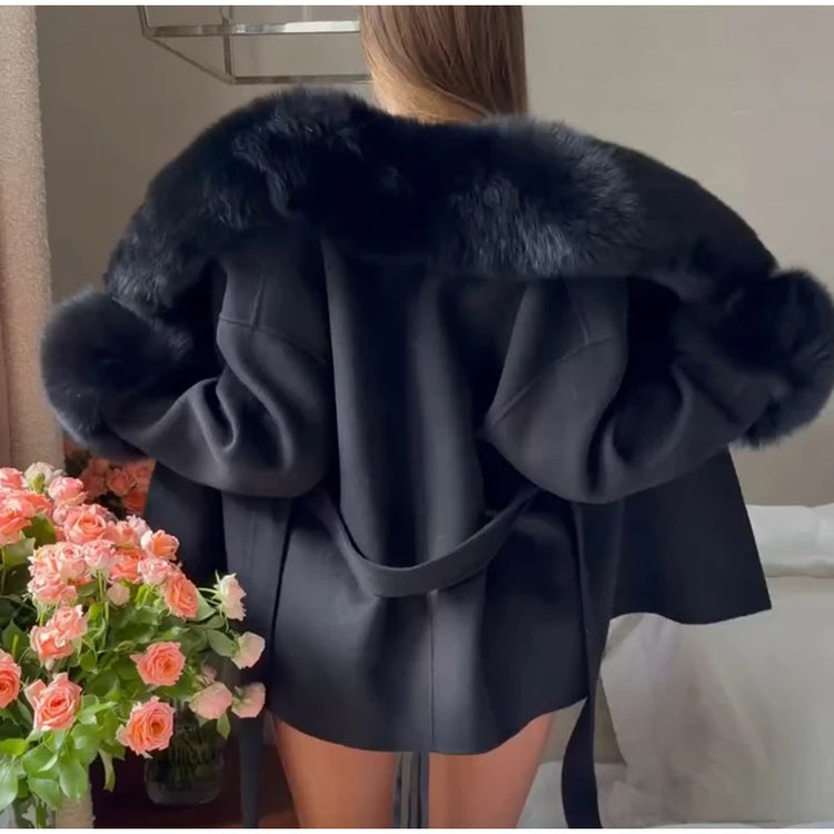 Women Faux Wool Short Coat Faux Fur Collar Cuffs Patchwork Lace-Up Coats Elegant Loose Luxury Ladies Autumn Winter Outerwear