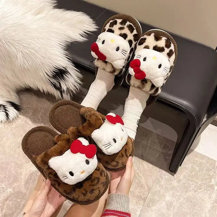 Women Cute Cartoon Cat Leopard Print Plush Slippers Warm Fuzzy Non-Slip Soft Sole Winter Indoor Bedroom Cozy House Home Shoes