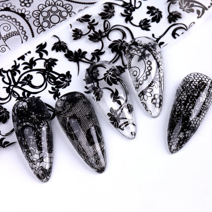 10 Sheets Lace Nail Foil White & Black Nail Stickers Design Transfer Foils Starry Sky Paper Nail Art Foil Decals for Nails Salon