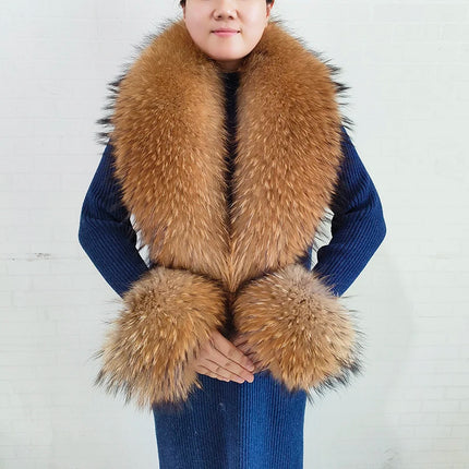 Real Fur Collar And Cuffs Set Winter Coat Accessories Women Fluffy Large Fur Shawl Neak Warm Fox Fur Scarf Furry Scarves Female