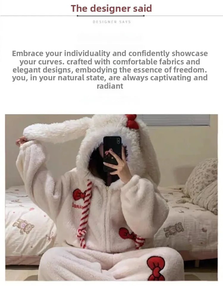 New Sweet and Cute Bow Rabbit One-piece Pajamas Women's Winter New Fleece Thickened Coral Fleece Large Size Loungewear Sleepwear