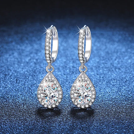 Classic 100% Real 1 Carat Pear Cut Moissanite Diamond Drop Earrings Women’s S925 Silver Earring Plated PT950 Fine Jewelry PlatiNum