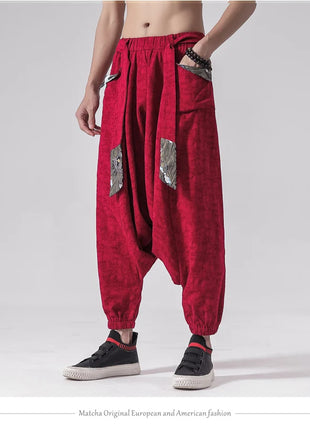 Pantaloni a gamba larga da uomo in cotone e lino casual oversize Harajuku pantaloni alla moda da uomo samurai giapponese retrò Ukiyo-e stampa pantaloni con cintura da uomo