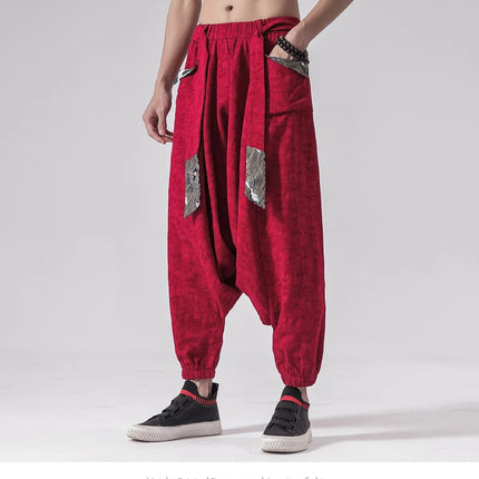 Pantaloni a gamba larga da uomo in cotone e lino casual oversize Harajuku pantaloni alla moda da uomo samurai giapponese retrò Ukiyo-e stampa pantaloni con cintura da uomo