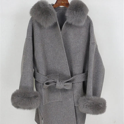OFTBUY Omen Double Face Wool Coat Natural Fur Coat Wool Blend Jacket Winter Warm Elegant Long Sleeve Fur Cuffs Fashion Outerwear