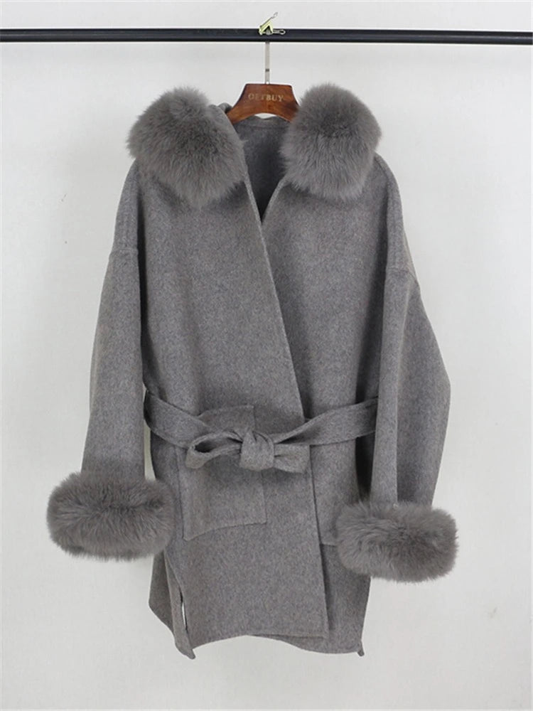OFTBUY Omen Double Face Wool Coat Natural Fur Coat Wool Blend Jacket Winter Warm Elegant Long Sleeve Fur Cuffs Fashion Outerwear