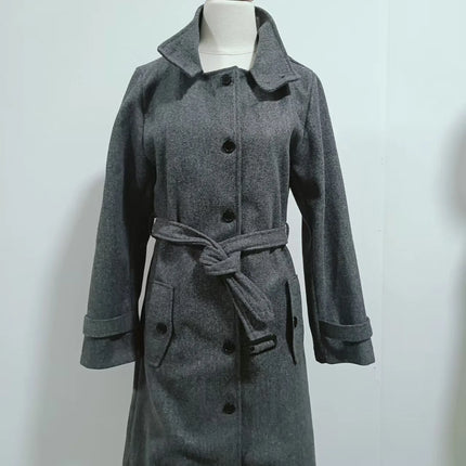 New Solid Color Button Long Wool Coat Autumn Warm Stand Collar Women Coat Fashion Ladies High Neck Pocket Belt Trench Coat