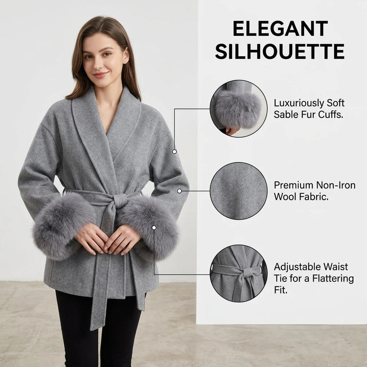 Women's Woolen Coat with Faux Fur Cuffs Belted Waist Short Autumn Winter Wrap Jacket