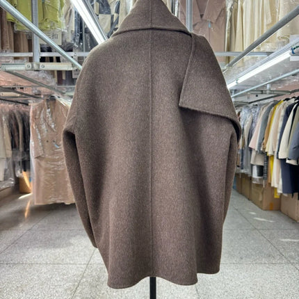 Newest Luxury Coffee Scarf Collar Wool Coat Women Loose Elegant Ladies Autumn Winter Jacket Causal Handmade Women's Jacket2025