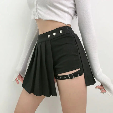 Harajuku Punk gotico nero a vita alta gonne nere donne Sexy Patchwork fasciatura Mini gonna nera Streetwear femminile