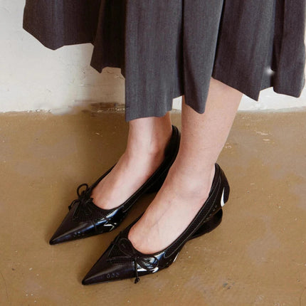 Special Heel Spliced Heels Pointed Toe Heels Women's Fashion Shallow Mouth Bow Non-Slip Mary Jane Single Shoes PlatiNum
