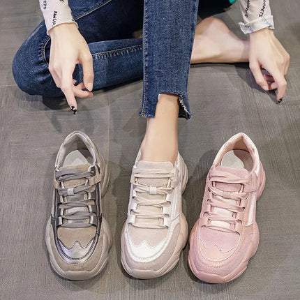 WOIZGIC Women's Female Ladies Genuine Leather Shoes Platform Lace Up Korean Sports Spring Autumn Breathable Vulcanized Shoes PlatiNum