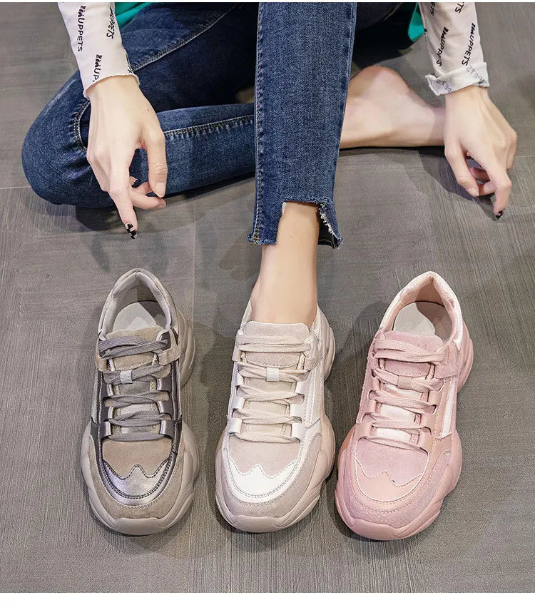 WOIZGIC Women's Female Ladies Genuine Leather Shoes Platform Lace Up Korean Sports Spring Autumn Breathable Vulcanized Shoes PlatiNum