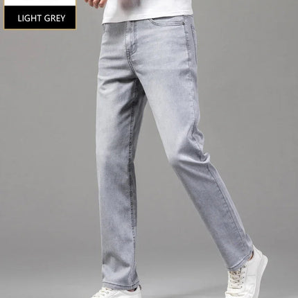 Summer Thin Men's Elastic Cotton Jeans Fashion Gray Comfortable Business Straight Casual Pants Brand Male Clothes Trousers PlatiNum