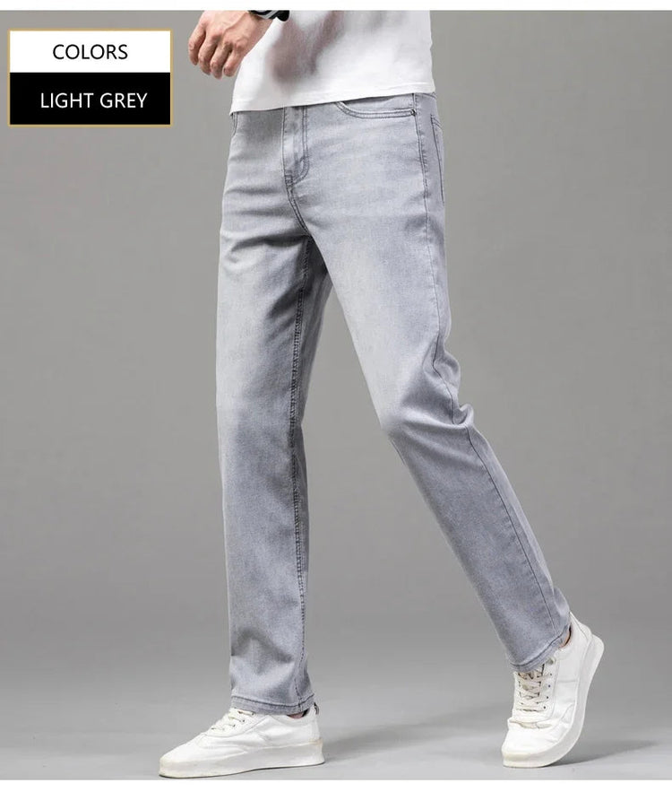 Summer Thin Men's Elastic Cotton Jeans Fashion Gray Comfortable Business Straight Casual Pants Brand Male Clothes Trousers PlatiNum