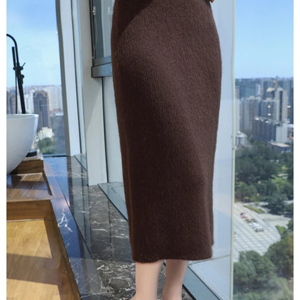 Quality Mink Cashmere Skirt Women's High Waist Slim Hip Skirt Chinese Cheongsam Knit Skirt Fashion All-Match Sweater PlatiNum