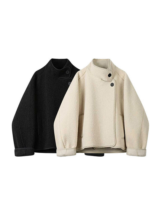 Women's Off White Lamb Wool Jacket Coat Harajuku Long Sleeve Teddy Coats Vintage Oversize Outerwear 2000s Clothes Winter Autumn