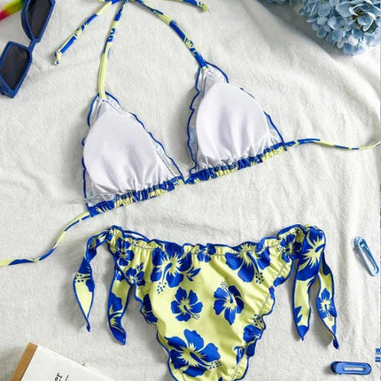 Nuovo Set Bikini Donna Estivo con Stampa Floreale Arancione, Halter con Volant, Push-Up e Perizoma con Laccetti Laterali PlatiNum