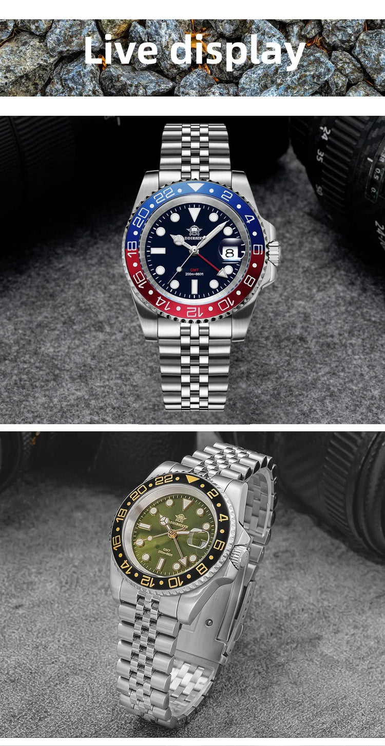 ADDIESDIVE AD2050 Luxury GMT Watch Stainless Steel Super Luminous 20Bar Water-Resistance Diving Men Quartz Watches Ceramic Bezel
